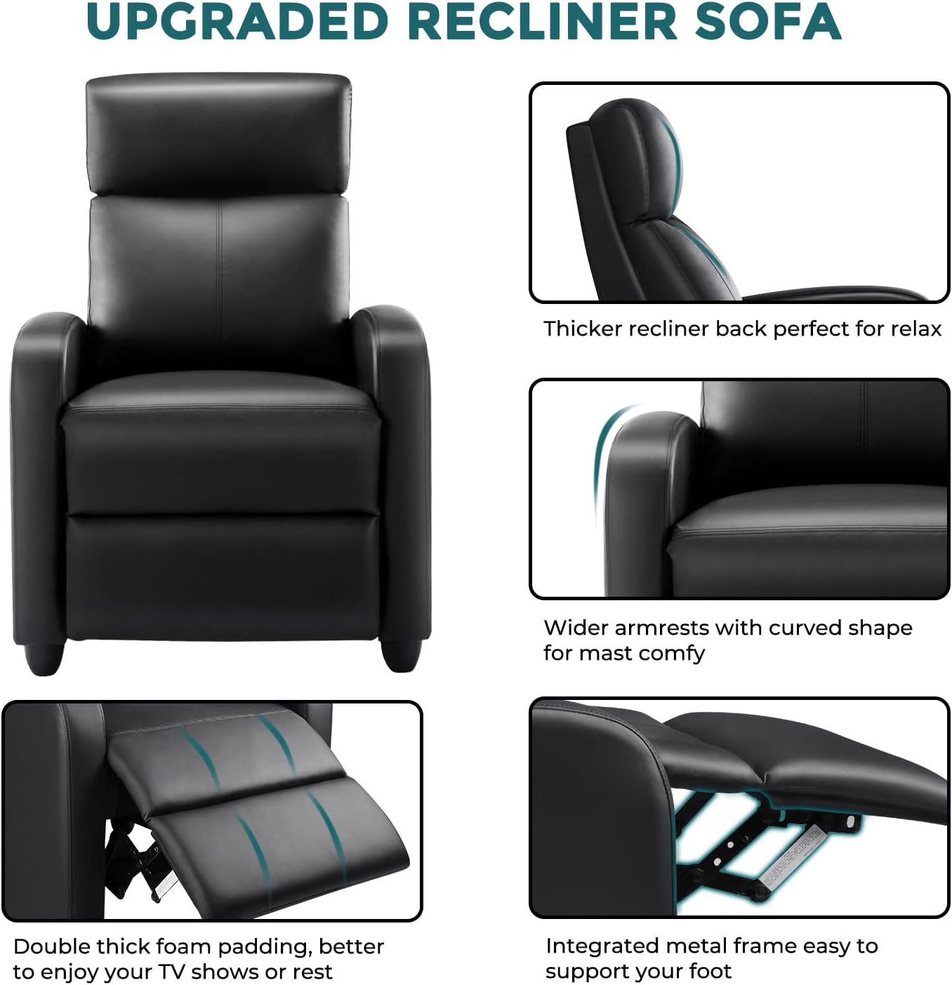 Recliner Chair, Living Room Chairs Massage Recliner Chairs Adjustable Theater Chairs Padded Seat Backrest PU Leather Winback Single Sofa Modern Recliner Chair Bedroom Chair for Adults (Black)