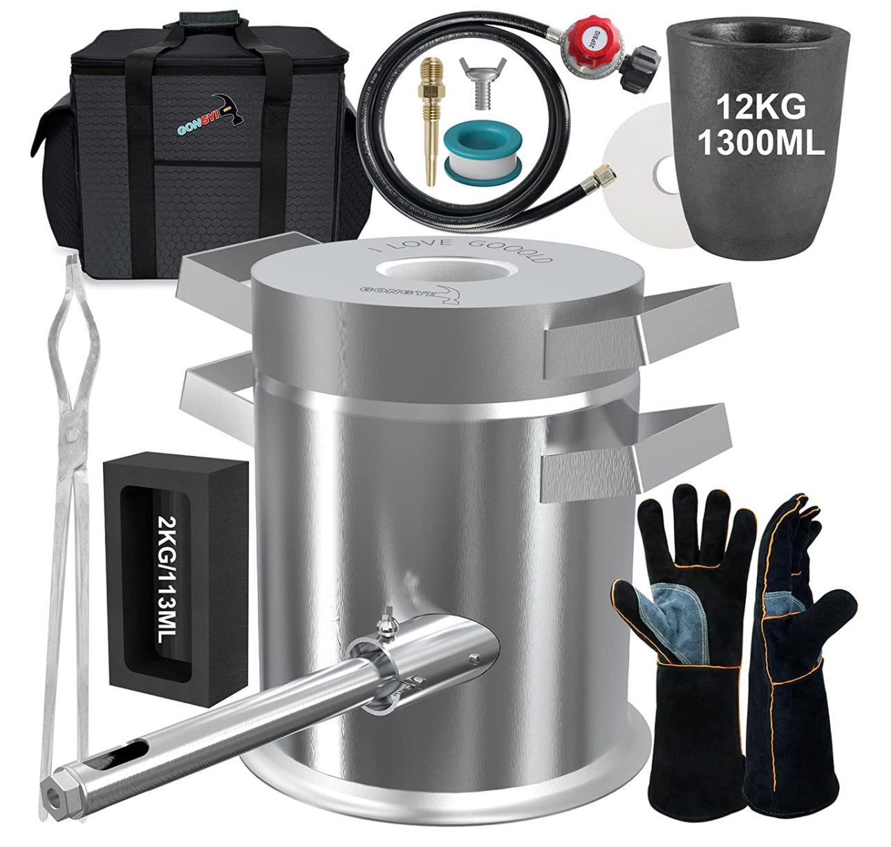 GONGYI 12KG LARGE Capacity Deluxe Kit Propane Melting Furnace Smelter Full Stainless Steel 304 for Scrap Metal Recycle Melting Copper Aluminum Includes Crucible and Tongs