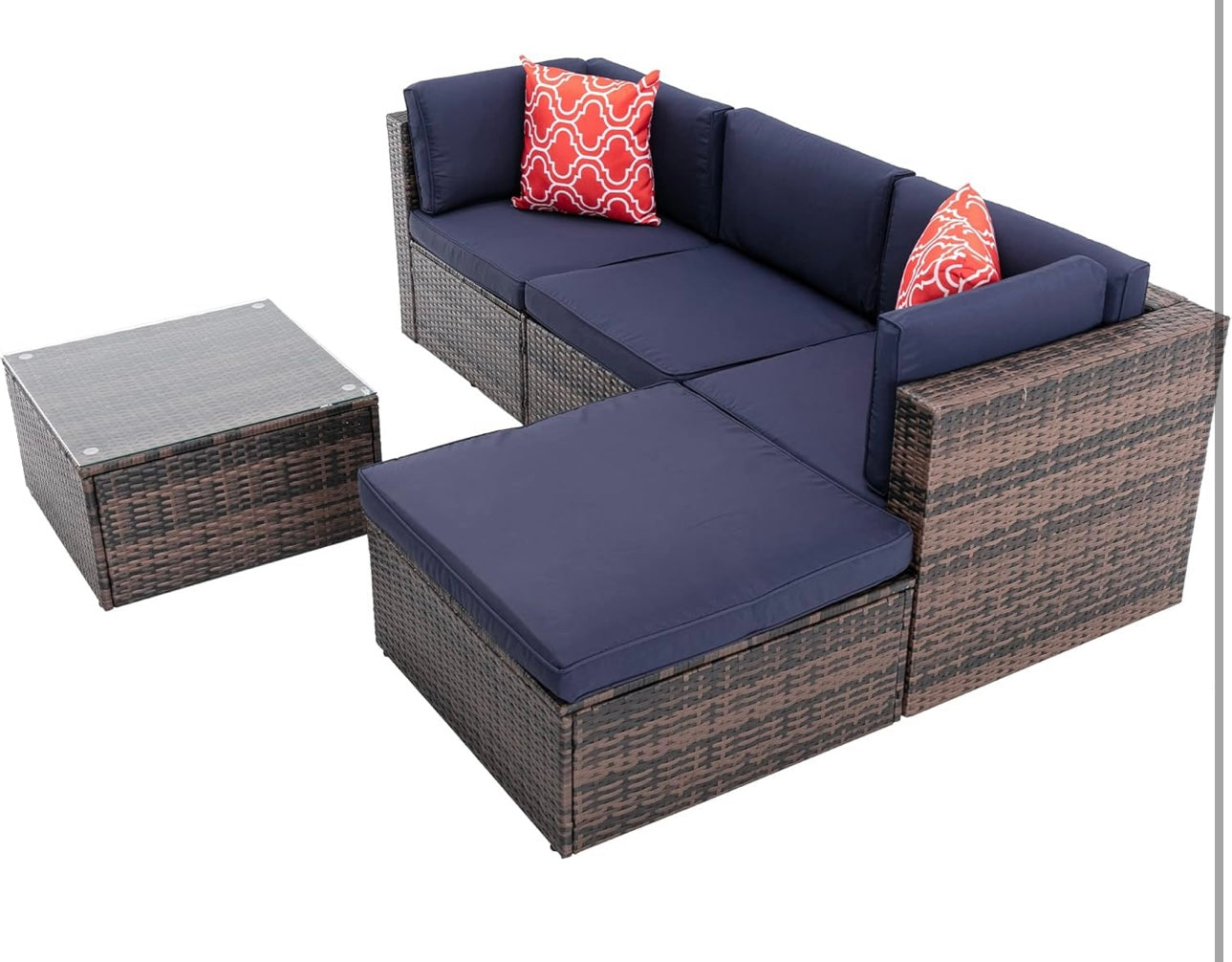 5Pcs Outdoor Garden Patio Furniture PE Rattan Wickerectional Cushioned Sofa Sets with 2 Pillows and Coffee Tablemodular sectional Sofa Sets with roof XI910, Navy Blue