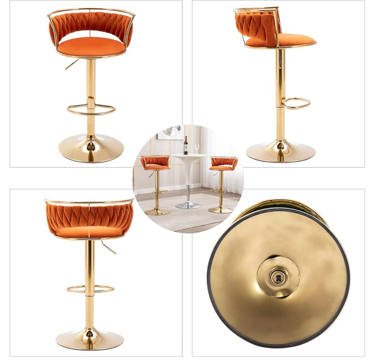 Modern Swivel Bar Stools Velvet Adjustable Height Barstools Low Back Kitchen Island Counter Bar Chair with Golden Base, Orange.Set of 1