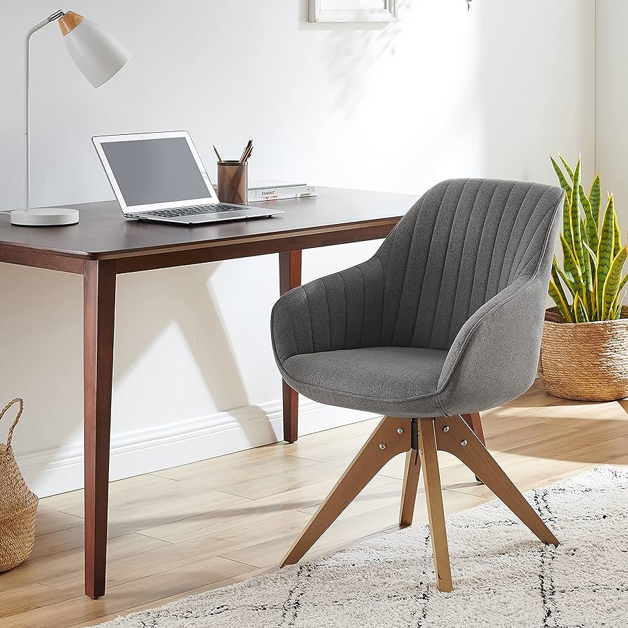 Mid-Century Modern Swivel Accent Chair with Beech Wood Legs, Grey Upholstered Cute Desk Chair Without Wheels for Home Office Living Room Bedroom