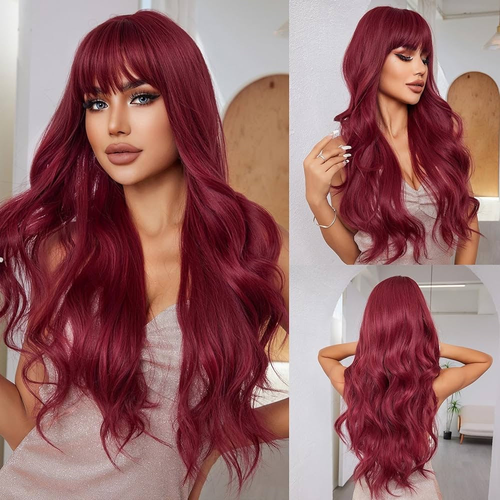 Red Wig with Bangs 26 Inch Long Wavy Wig Natural Looking Synthetic Heat Resistant Fiber Wigs for Women Daily Cosplay Use (Wine Red)