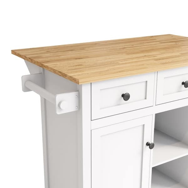 White Rubber wood Drop-Leaf Counter top 53 in. Kitchen Island on 5-Wheels with Storage Cabinet and 3 Drawers
