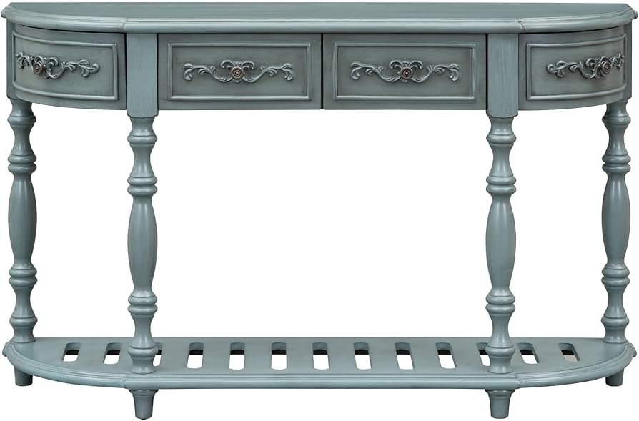 Antique Blue Classic Style Curved Console Table with 4 Drawers and 1 Shelf Semi-Circle MDF Wood Painted