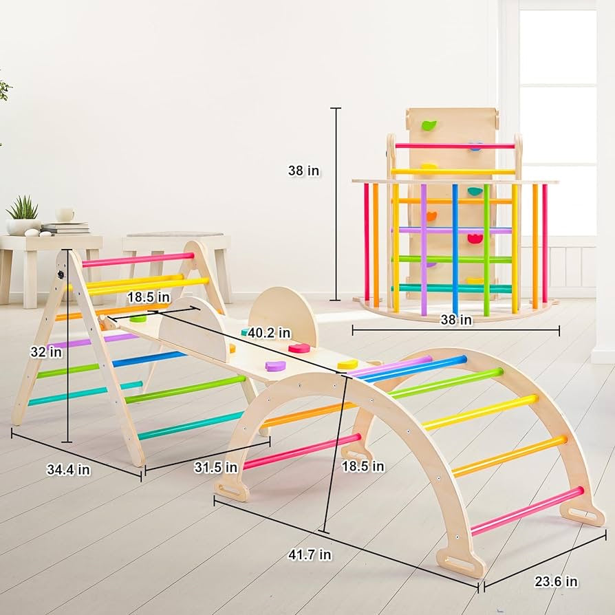 5 in 1 Pikler Triangle Set, Foldable Large Size Baby Climbing Toys Ind5 in 1 Pikler Triangle Set, Foldable Large Size Baby Climbing Toys Indoor Gym for Toddlers Wooden Montessori Climbing Set, Adjustable Height Pikler Triangle, Kids Toys with Ramp Sliding