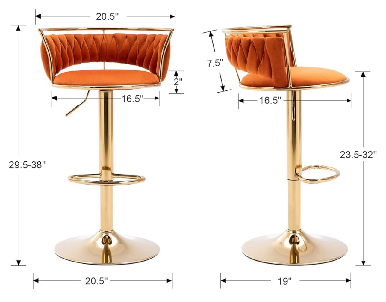 Modern Swivel Bar Stools Velvet Adjustable Height Barstools Low Back Kitchen Island Counter Bar Chair with Golden Base, Orange.Set of 1