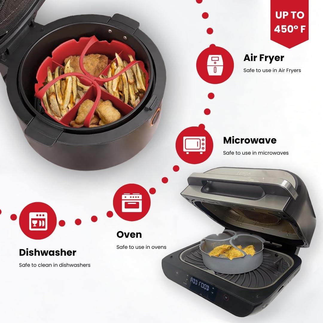 Silicone Air Fryer Liners Pot and Silicone Basket Bowl with divider, Parchment Paper Replacement, Reusable Heat Resistant Baking Tray Oven Accessories, 8 inch Fits 5-8qt (2 Pack, Grey & Red)
