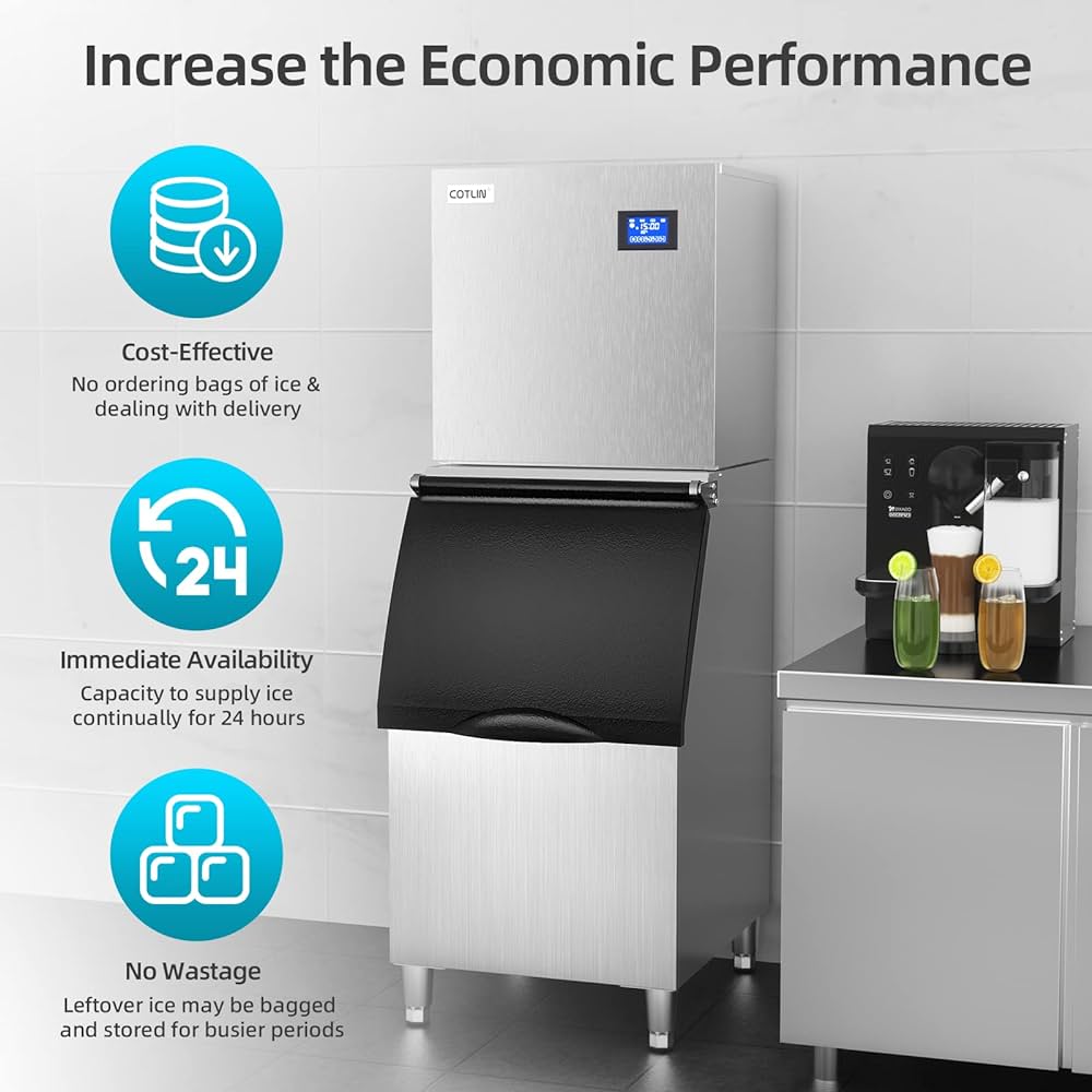 Commercial Ice Maker Machine 300LBS/24H with 300LBS Large Storage Bin, 22'' Air Cooled Clear Cubed