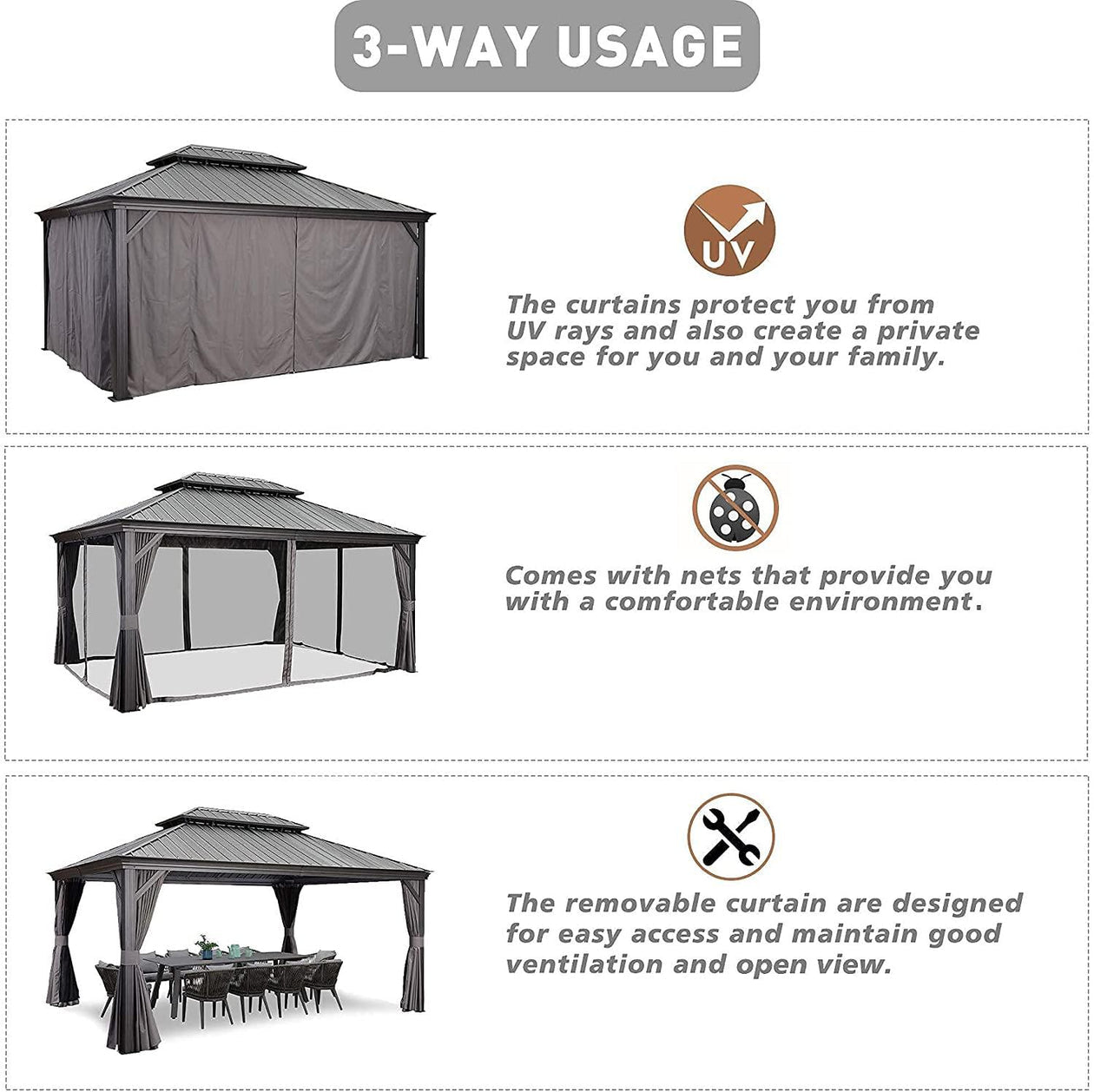 10x12 ft PURPLE LEAF Patio Gazebo for Backyard Grey Hardtop Galvanized Steel Roof Awning with Upgrade Curtain