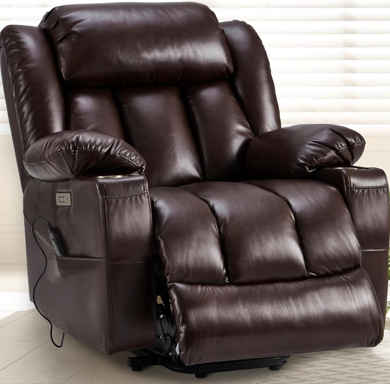 Large Power Lift Recliner Chair with Massage and Heat for Elderly, Overstuffed Wide Recliners, Genuine Leather with Breathable microporous, USB Ports, 2 Cup Holders (Brown)