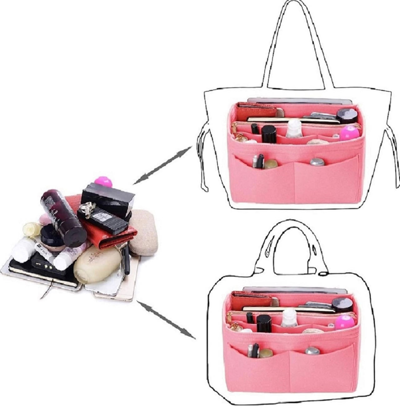 Purse Organizer Insert, with zipper, Handbag & Tote Shaper,Pink
