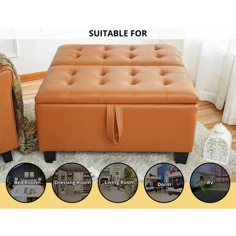 35-Inch Air Leather Tufted Upholstered Lift-Top Ottoman Bench, Large Square Storage Coffee Table for Living Room, Toy Box, Footrest Stool,White Ottoman with Spacious Interior Compartment-Caramel