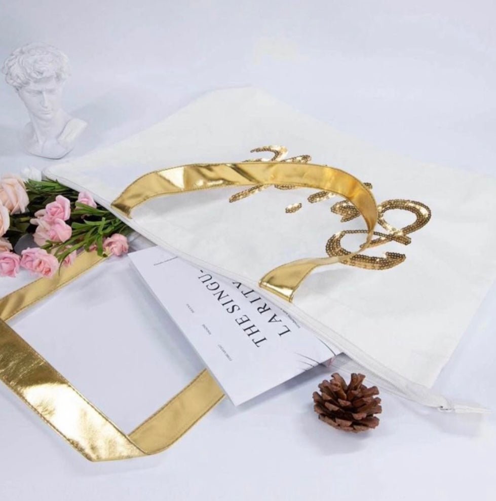 Wedding Gold Sequin Canvas Tote Bag Zipper,Bridal Shower Gifts for Bride Bag with an Internal Pocket