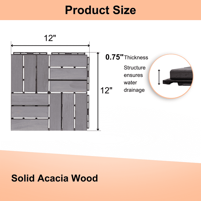 Solid Wood Patio Deck Tiles, Pack of 10, 12"x12" Square Interlocking Flooring Tiles, Acacia Wood Composite Decking Floor Tiles Indoor Outdoor, Floor Tile for Garden Poolside Backyards