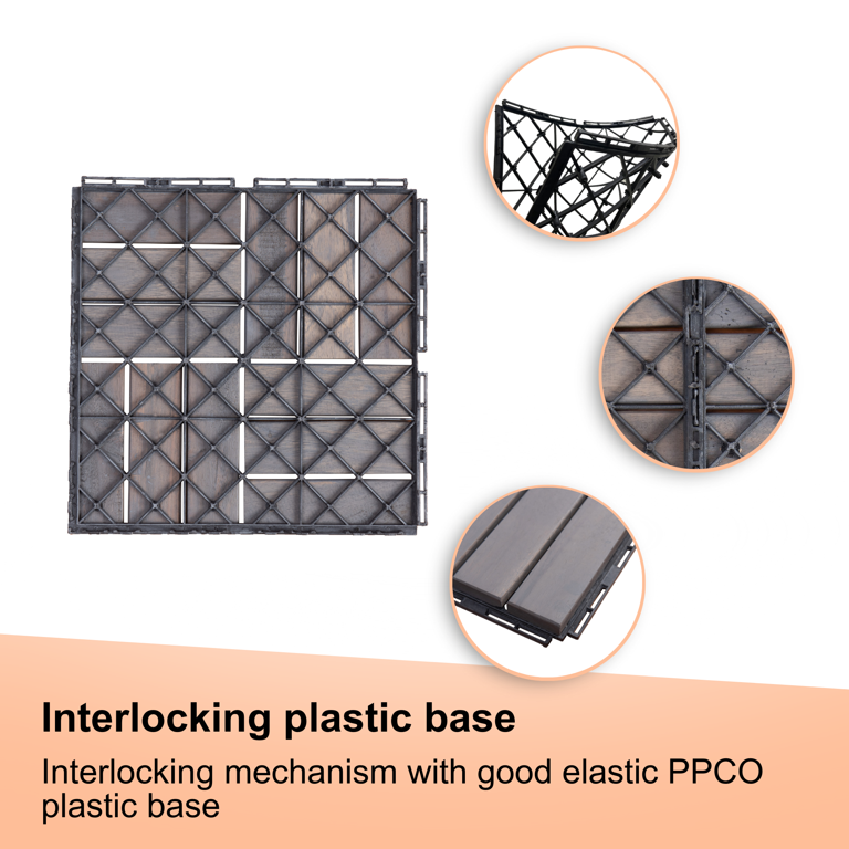 Solid Wood Patio Deck Tiles, Pack of 10, 12"x12" Square Interlocking Flooring Tiles, Acacia Wood Composite Decking Floor Tiles Indoor Outdoor, Floor Tile for Garden Poolside Backyards