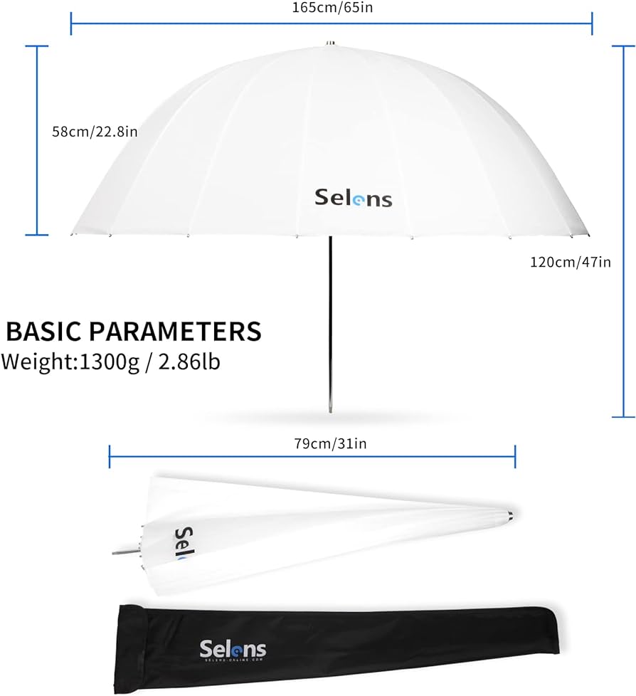 65 Inch Photography Studio Translucent Parabolic Lighting Reflective Umbrella Diffuser with Fiberglass Rib, 23 Inch Depth Soft White