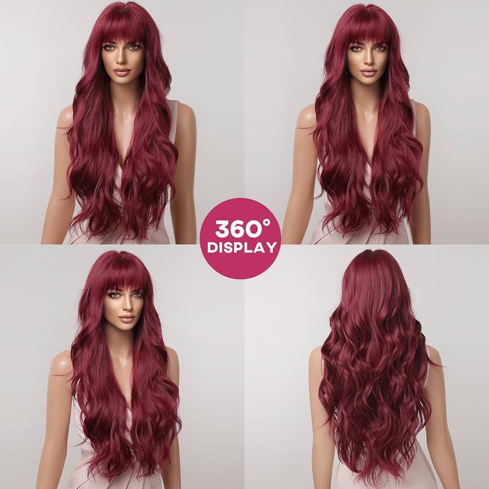 Red Wig with Bangs 26 Inch Long Wavy Wig Natural Looking Synthetic Heat Resistant Fiber Wigs for Women Daily Cosplay Use (Wine Red)