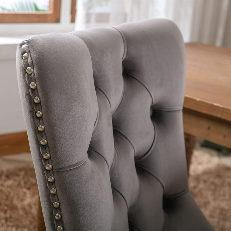 Velvet Fabric Dining Chairs Luxury Tufted Back with Nailed Trim and Back Ring Pull Home Kitchen Dining Room Chairs Armless Accent Side Chairs Solid Rubber Wood Legs.Grey