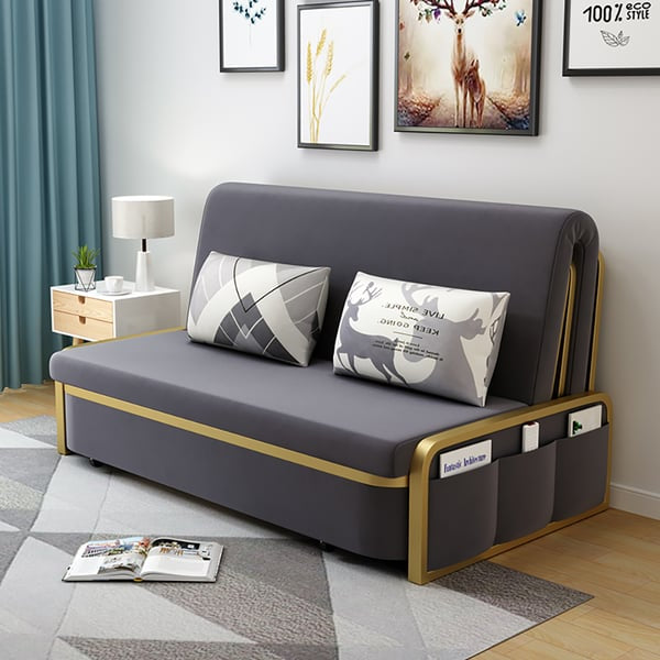62” Queen Size Modern Convertible Sofa Bed With Storage Velvet Upholstery In Deep Grey & Gold