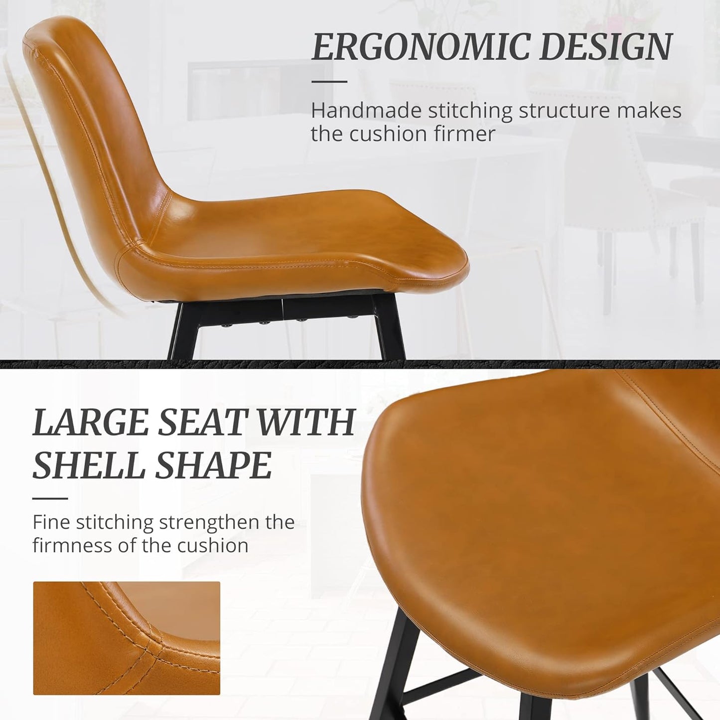 Set of 2 Armless Bar Stools,24",Upholstered Bar Stool with Back,Faux Leather Performance Material in Whiskey Brown, Dining Room Chairs with Metal Legs, Suitable for Home, Bistro Coffee Shop