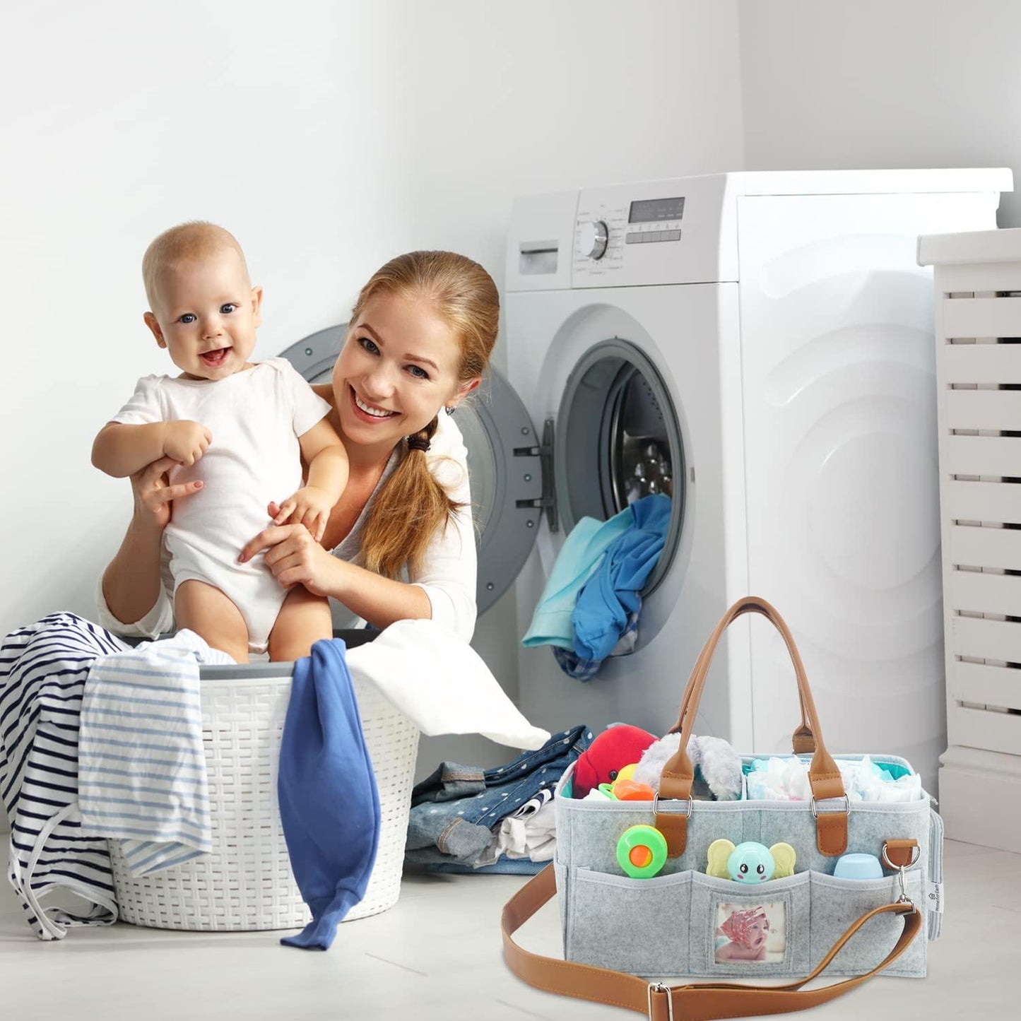 Portable Diaper Caddy Storage Bag with Roll Lid and Removable Dividers, Caddy Organizer for Nursery, Changing Table, Car and More, Travel-Friendly Baby Caddy for Infant Essentials Grey