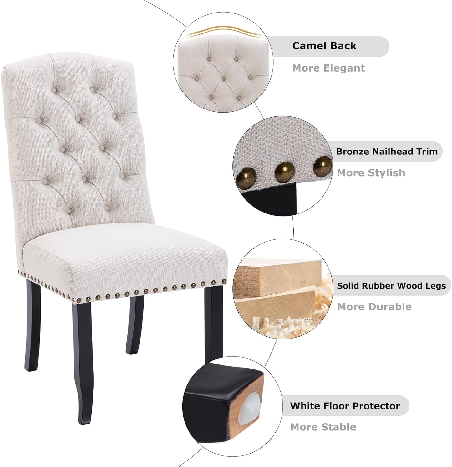 Button Tufted Dining Chairs. Upholstered Parsons Dining Room Chairs, Fabric Kitchen Side Chair with Nailhead Trim and Wood Legs, Beige