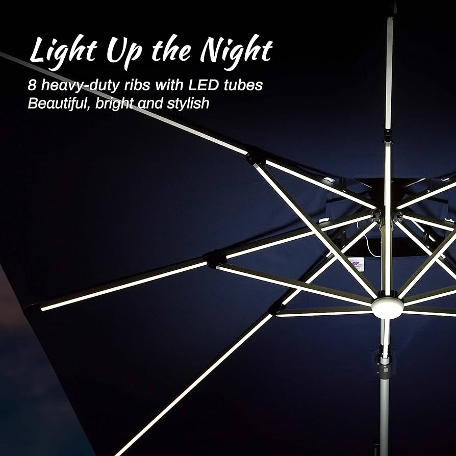 PURPLE LEAF 10 Feet Double Top Deluxe Solar Powered LED Square Patio Umbrella Offset Hanging Umbrella Outdoor Market Garden Umbrella, Including Base. Navy Blue