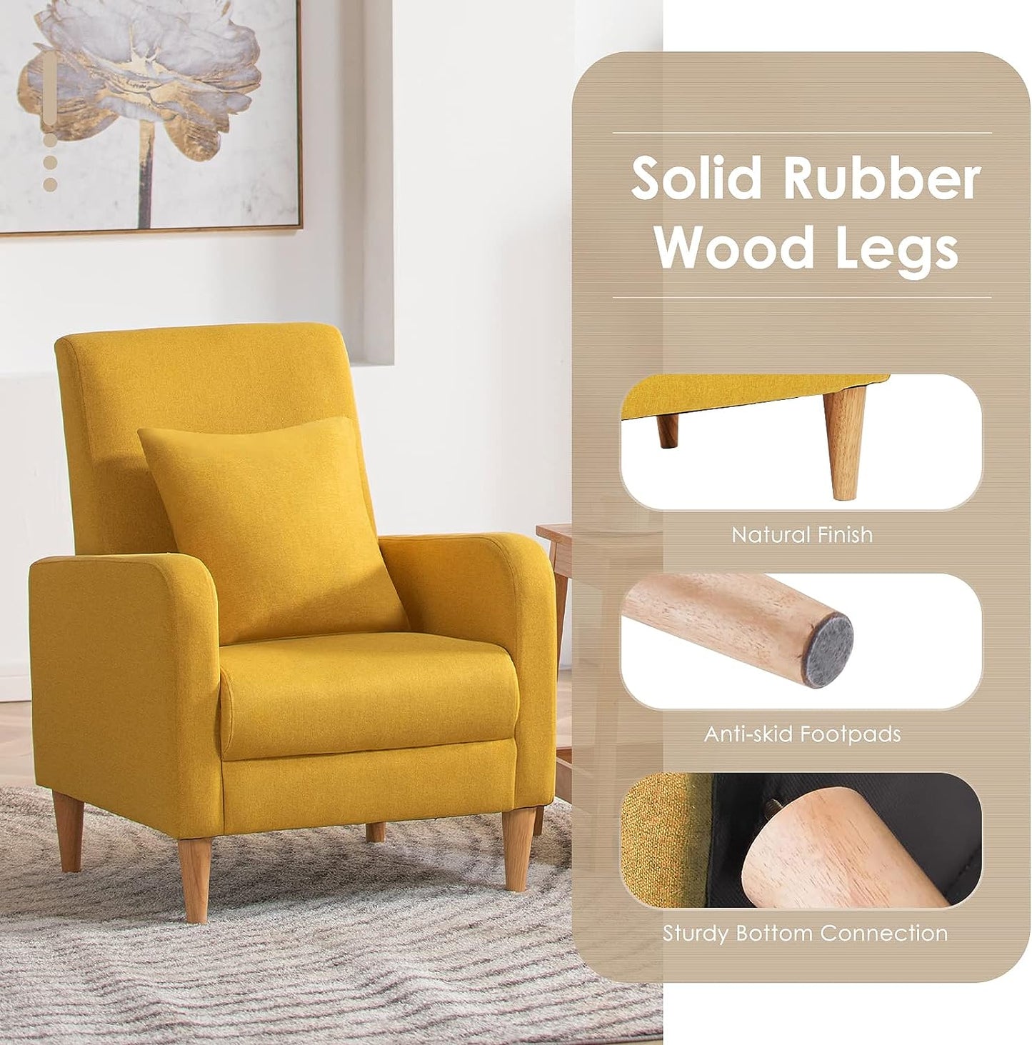 Modern Upholstered Accent Chair Armchair with Pillow, Fabric Reading Living Room Side Chair,Single Sofa with Lounge Seat and Wood Legs,Yellow