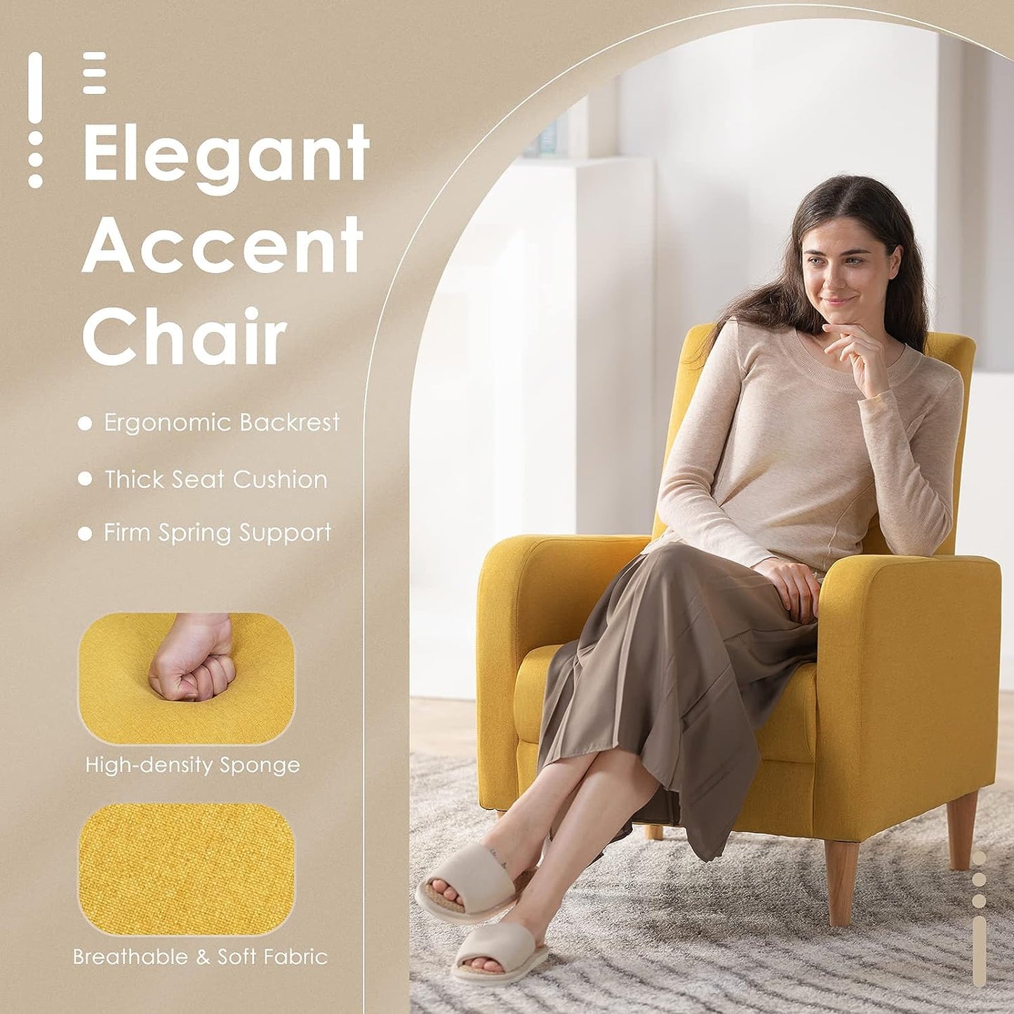 Modern Upholstered Accent Chair Armchair with Pillow, Fabric Reading Living Room Side Chair,Single Sofa with Lounge Seat and Wood Legs,Yellow