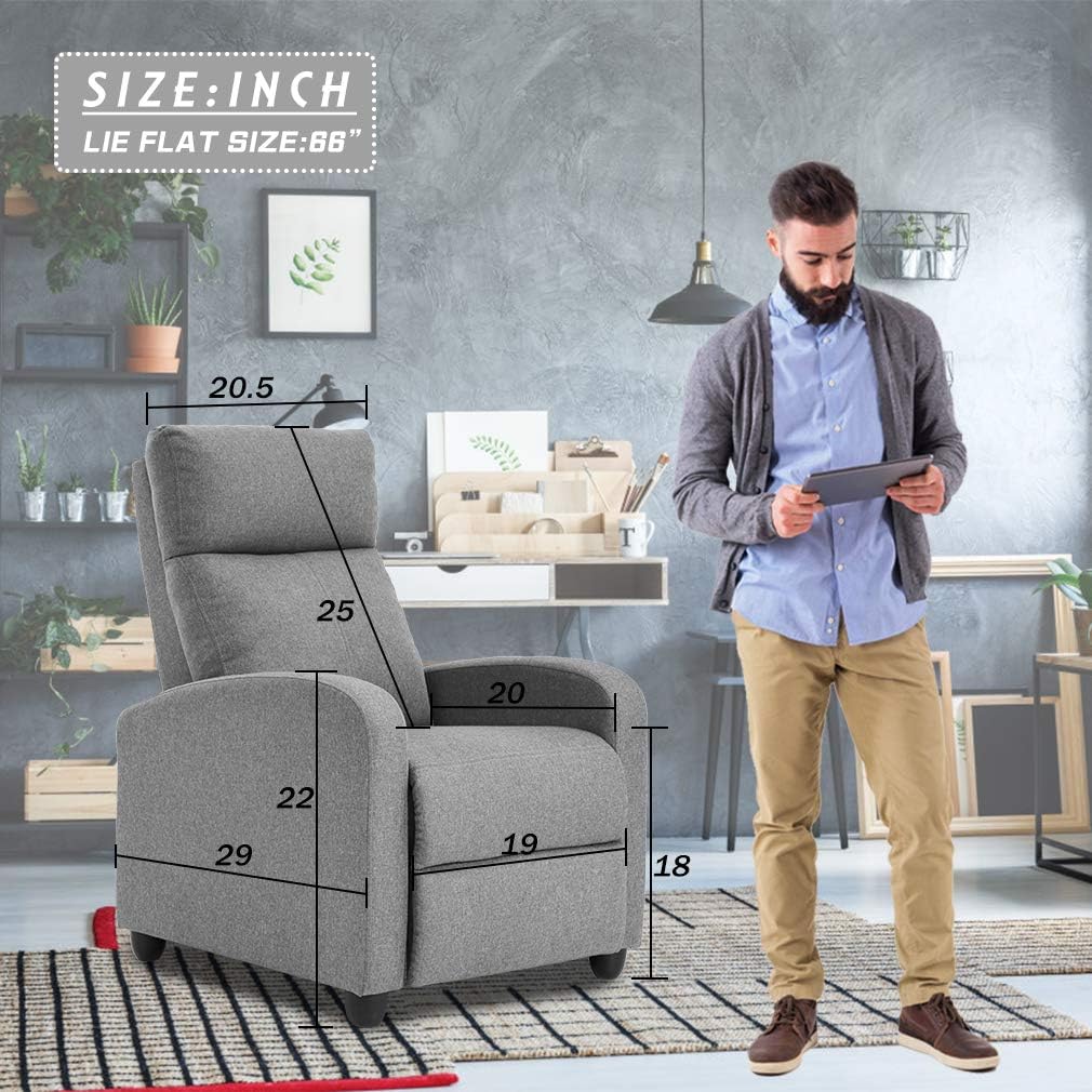 Recliner Chair for Living Room, Fabric Massage Recliner Chair Winback Single Sofa Home Theater Chairs Adjustable Modern Reclining Chair with Padded Seat Backrest for Adults (Grey)