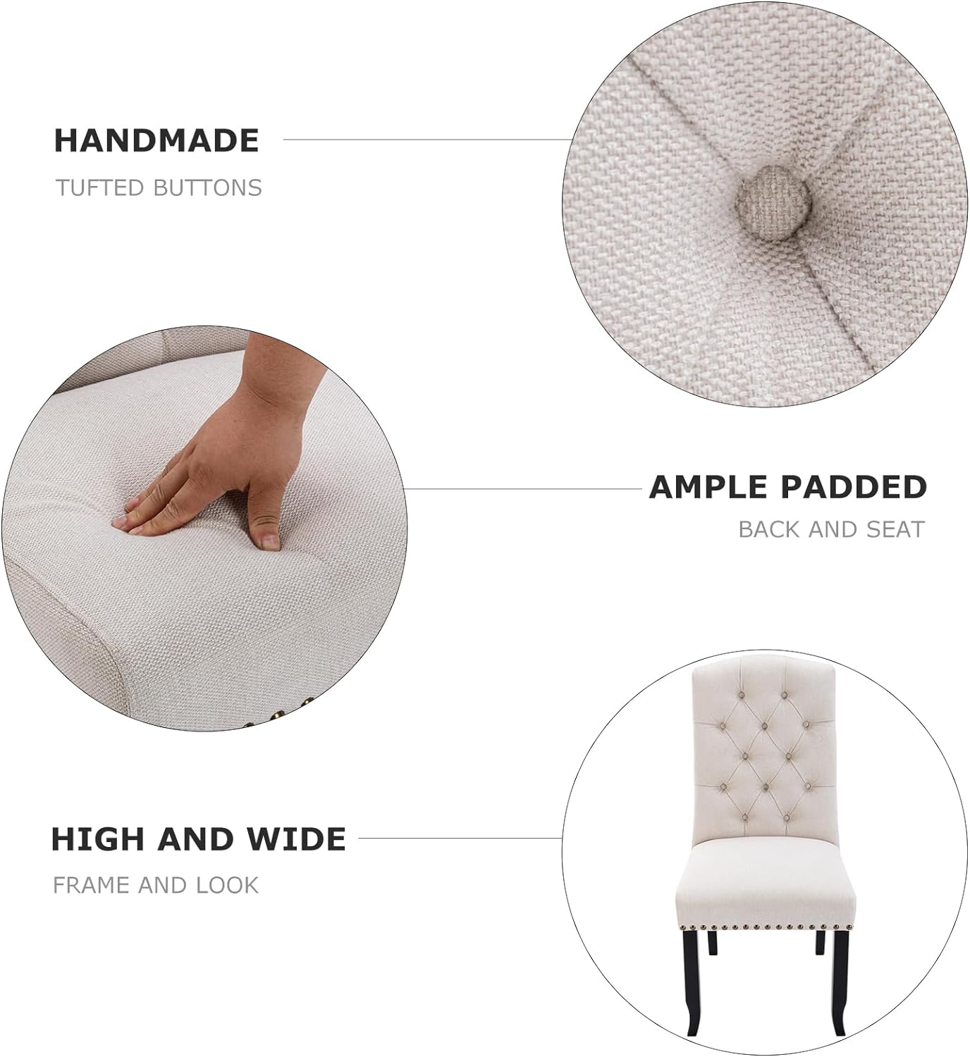 Button Tufted Dining Chairs. Upholstered Parsons Dining Room Chairs, Fabric Kitchen Side Chair with Nailhead Trim and Wood Legs, Beige
