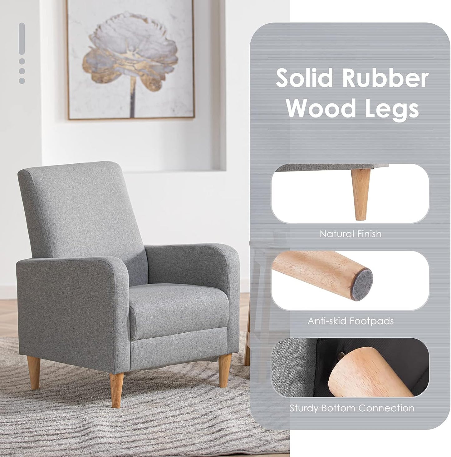 Modern Upholstered Accent Chair Armchair with Pillow, Fabric Reading Living Room Side Chair, Single Sofa with Lounge Seat and Wood Legs, Light Grey
