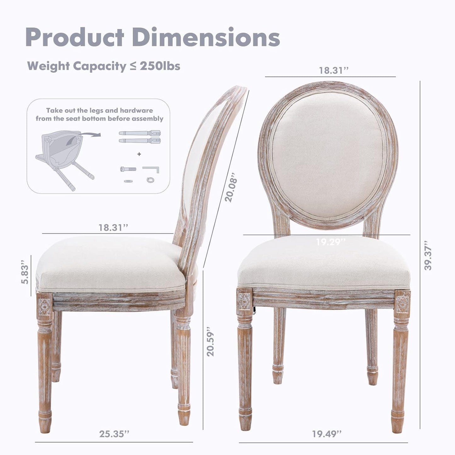 French Country Vintage Dining Chairs with Round Back, Solid Wood Legs, Accent Side, Upholstered for Farmhouse, Dining Room, Kitchen/Living Room/Bedroom-Classic Beige