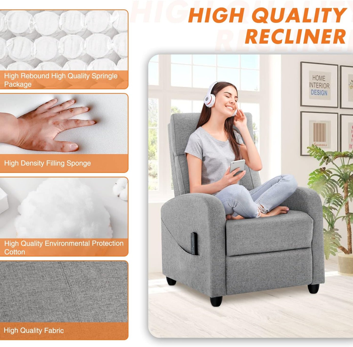 Recliner Chair for Living Room, Fabric Massage Recliner Chair Winback Single Sofa Home Theater Chairs Adjustable Modern Reclining Chair with Padded Seat Backrest for Adults (Grey)