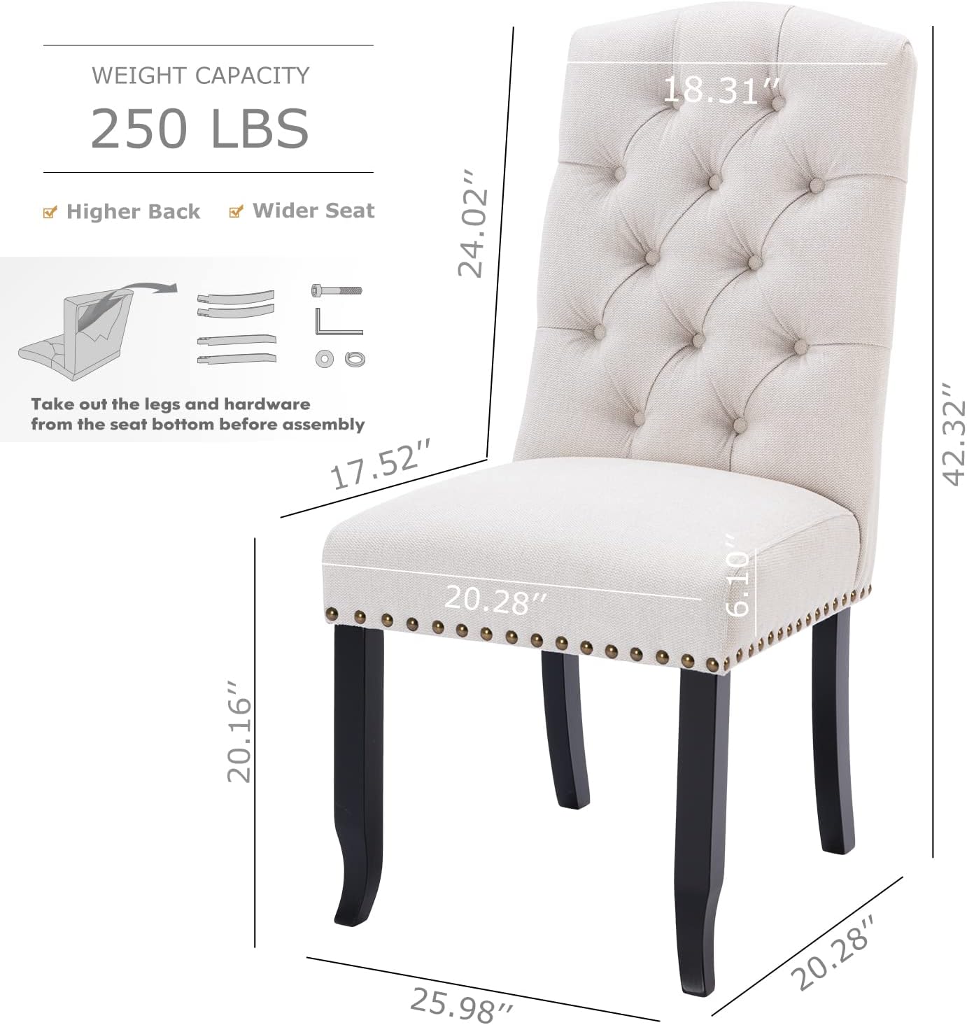 Button Tufted Dining Chairs. Upholstered Parsons Dining Room Chairs, Fabric Kitchen Side Chair with Nailhead Trim and Wood Legs, Beige