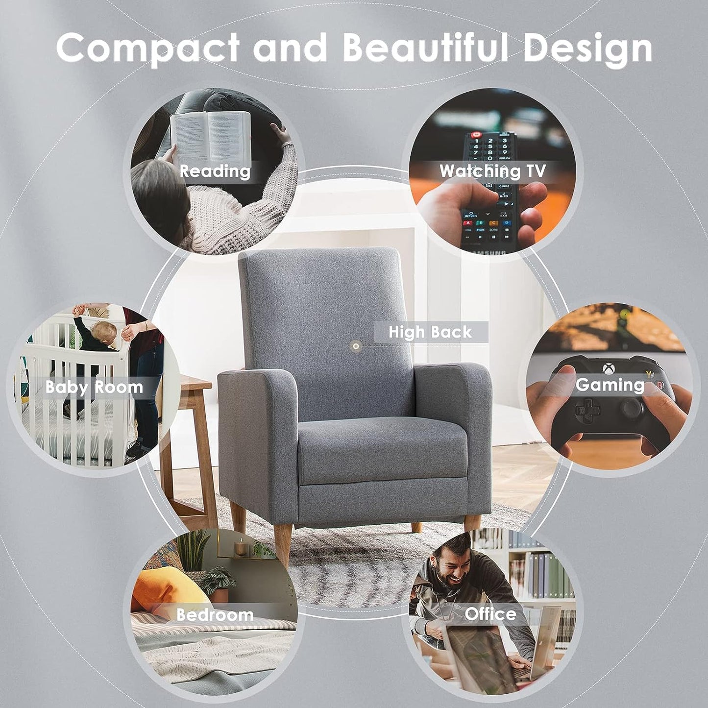 Modern Upholstered Accent Chair Armchair with Pillow, Fabric Reading Living Room Side Chair, Single Sofa with Lounge Seat and Wood Legs, Light Grey