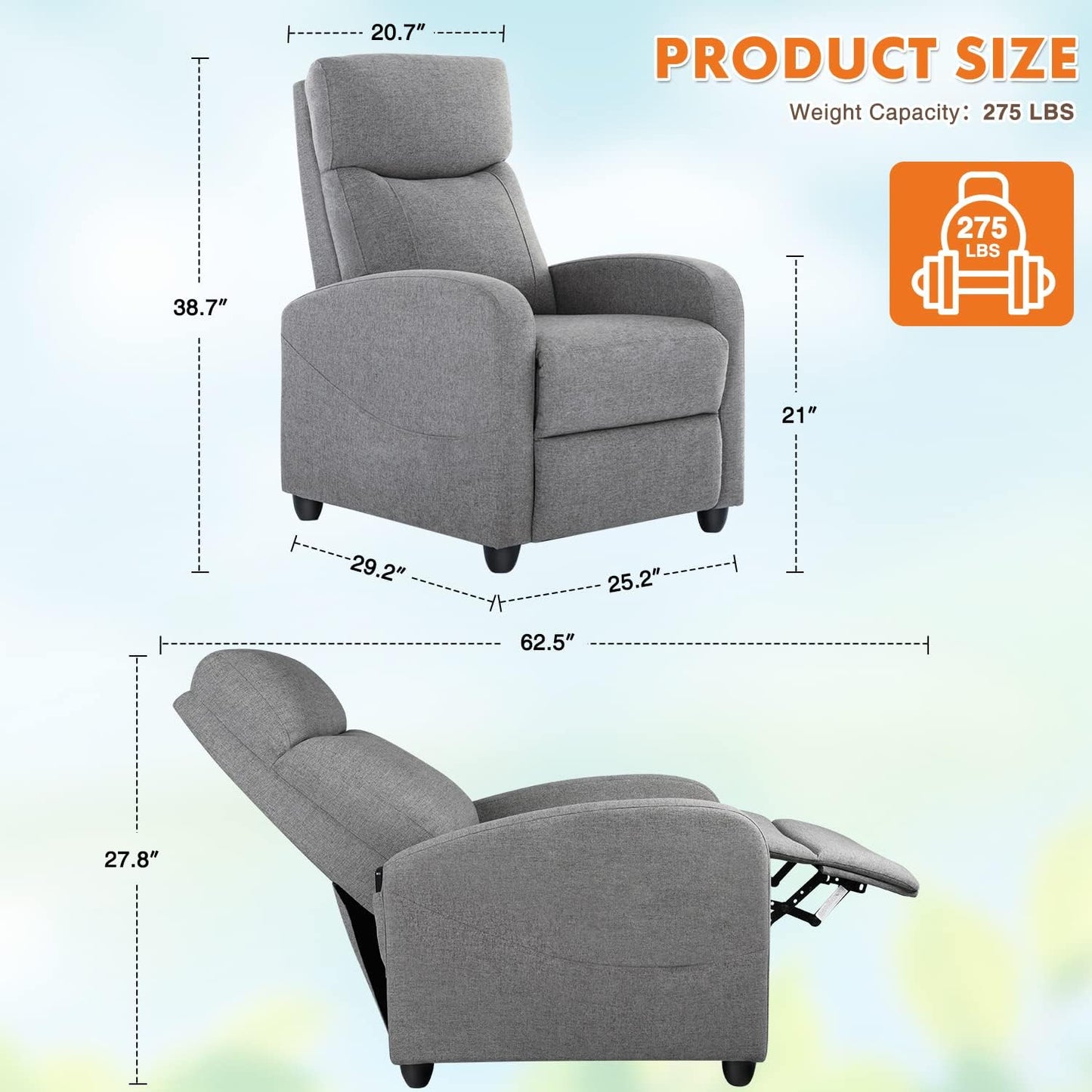 Recliner Chair for Living Room, Fabric Massage Recliner Chair Winback SingleRecliner Chair for Living Room, Fabric Massage Recliner Chair Winback Single Sofa Home Theater Chairs Adjustable Modern Reclining Chair with Padded Seat Backrest for Adults (Grey)