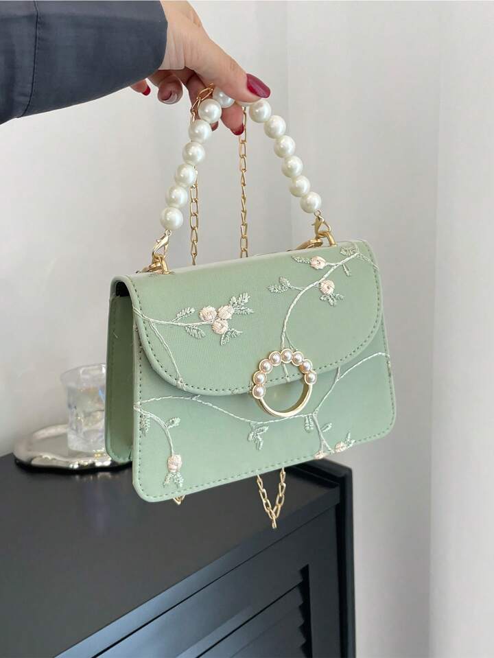 Faux Pearl Handle Top Green Floral Embroidery crossbody mini bag