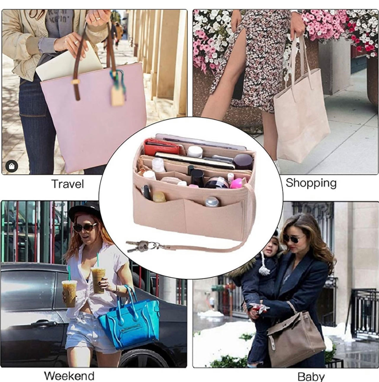 Purse Organizer Insert, with zipper, Handbag & Tote Shaper,Beige