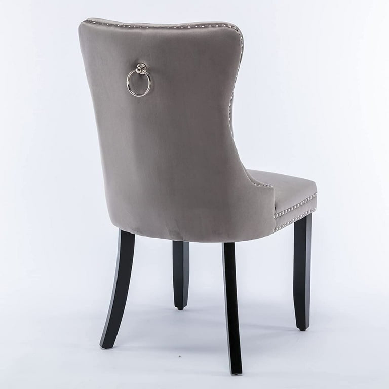 Velvet Fabric Dining Chairs Luxury Tufted Back with Nailed Trim and Back Ring Pull Home Kitchen Dining Room Chairs Armless Accent Side Chairs Solid Rubber Wood Legs.Grey