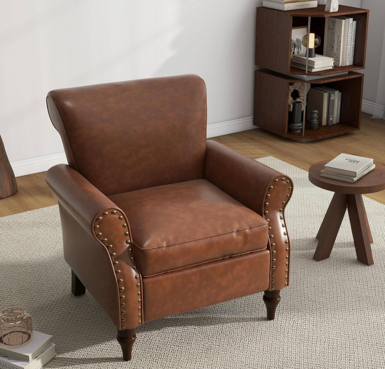 PU Leather Accent Chair, Modern Arm Club Chairs Nailed Trim Living Room Upholstered Armchair, Comfy Single Sofa Lounge Reading Seat Bedroom Side Seating for Home Office, Brown