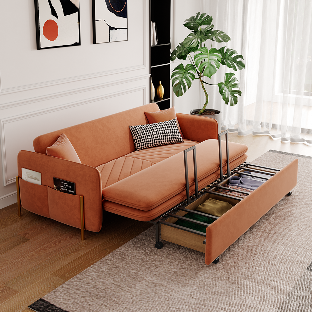 53.5" Full Sleeper Sofa Upholstered Convertible Sofa Bed 3 in 1 Sleeper Sofa Couch Bed, Small Tufted Velvet Convertible Loveseat Futon Sofa w/Pullout Bed, Multi-Pockets for Living Room