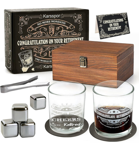 Retirement Gifts for Men, Whiskey Glass Set, Great Retirement Gift for Retirees