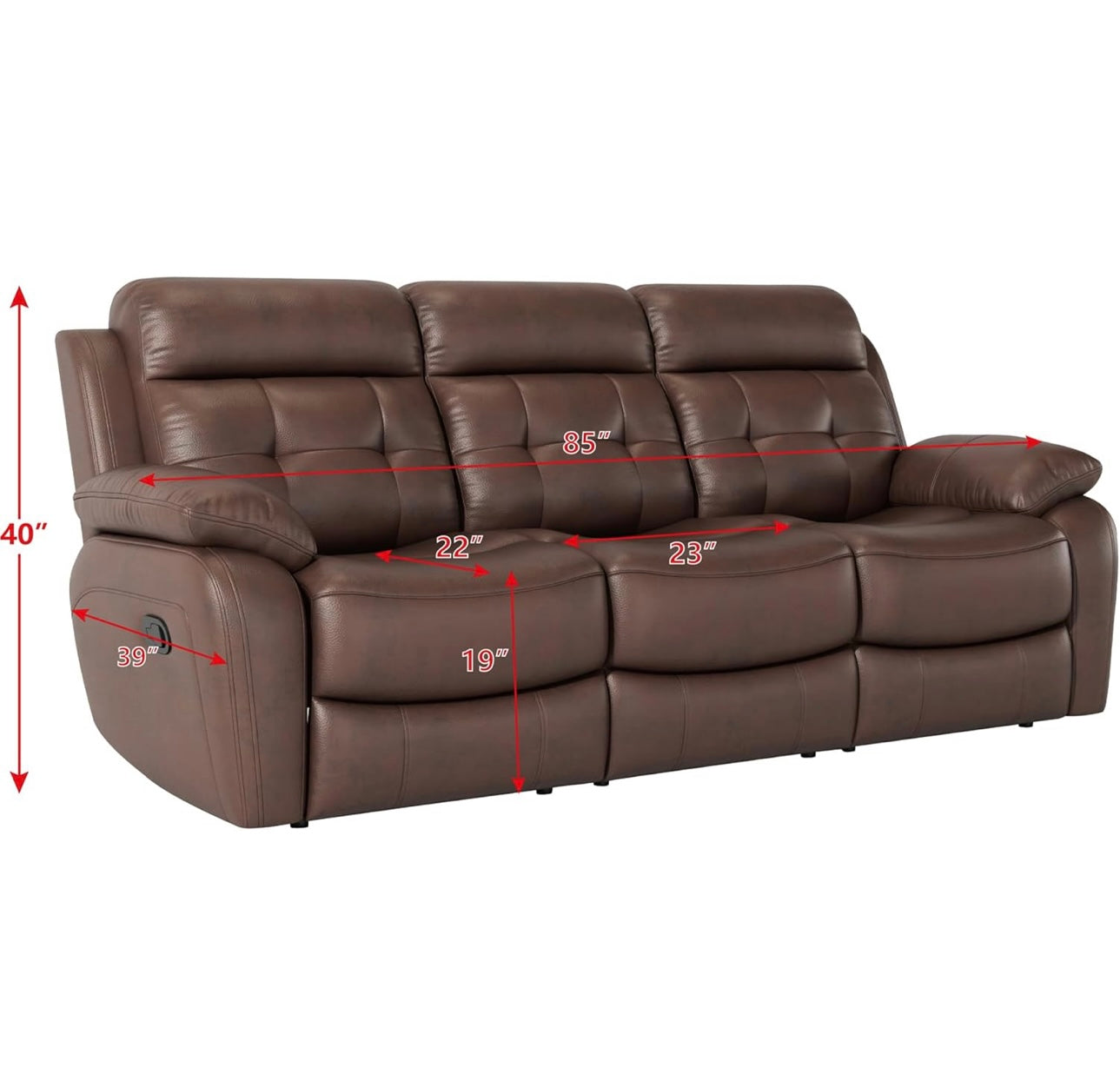 Genuine Leather Manual Reclining Sofa, 3-Seater Couch with Drop Down Table, Cup Holders & Magazine Bag, 3-Seat Dual Recliner Chair for Living Room Home Theater Office, Brown