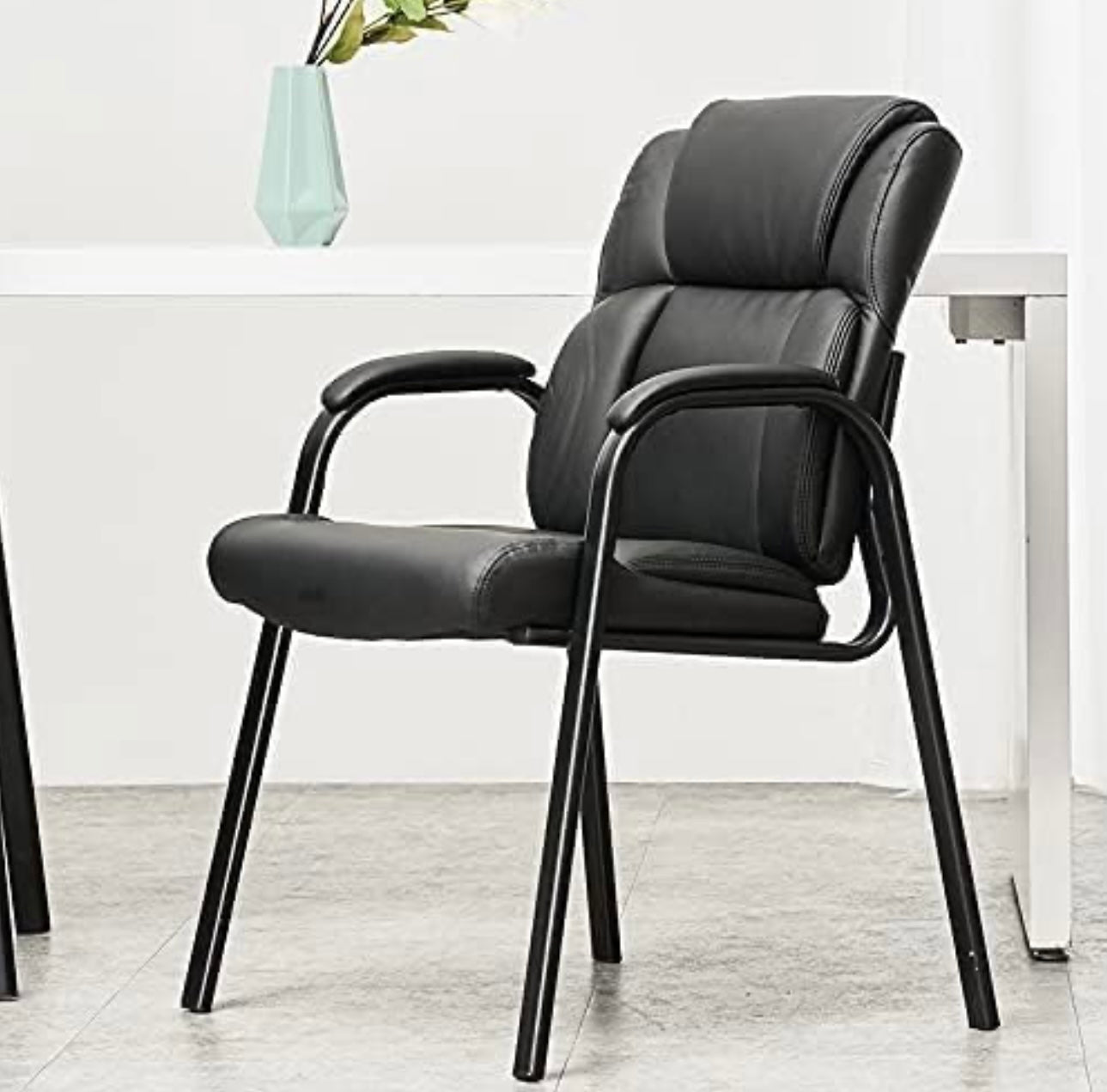 Reading Guest Chair - Black | Leather | Padded Arm Rest | Stackable Leather Seat Waiting Room Chair with Metal Frame