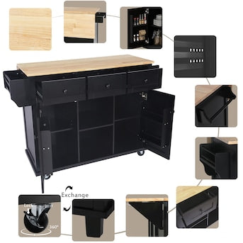 Black Rubber wood Drop-Leaf Counter top 53 in. Kitchen Island on Wheels with Storage Cabinet and 3 Drawers