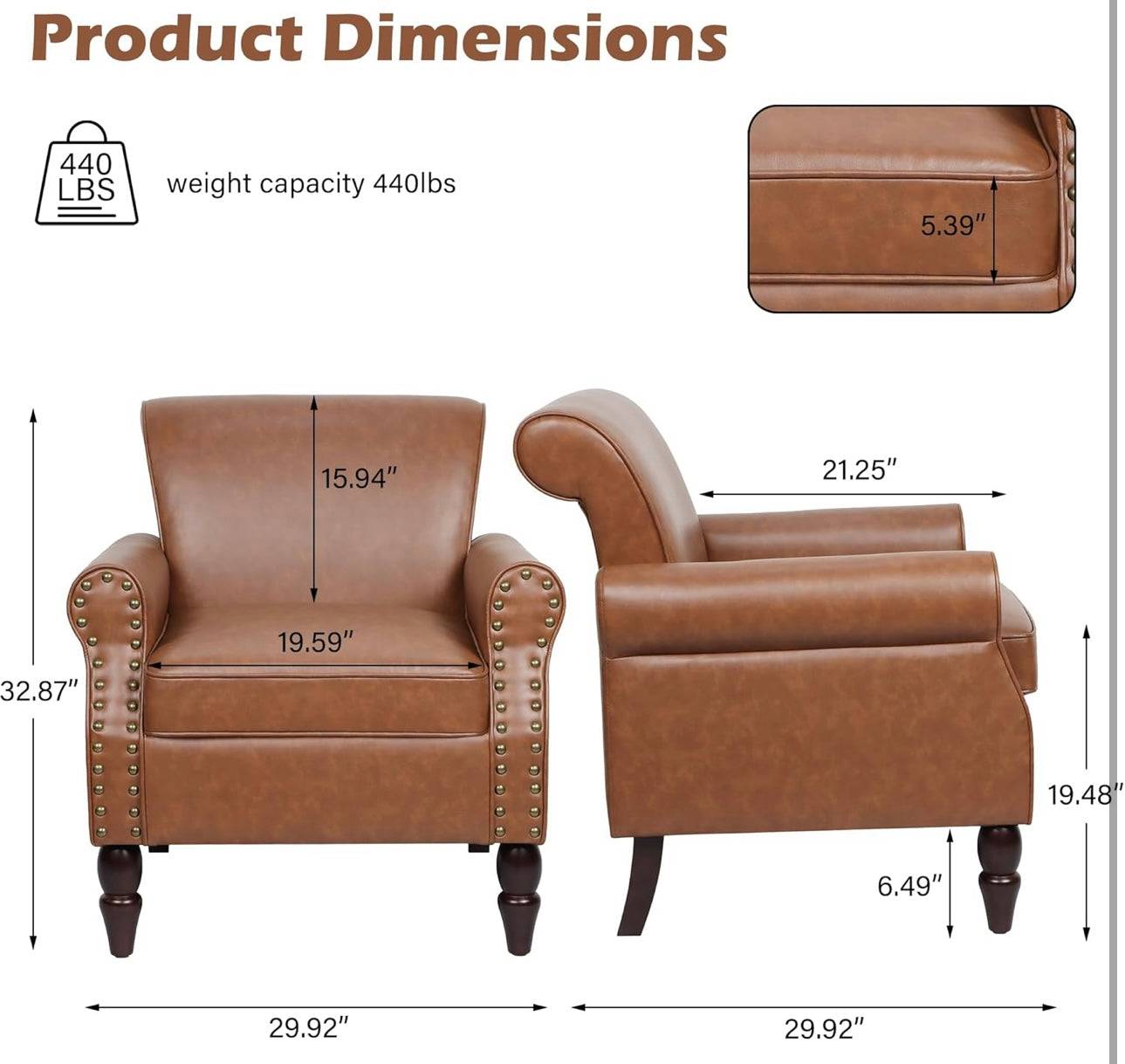 PU Leather Accent Chair, Modern Arm Club Chairs Nailed Trim Living Room Upholstered Armchair, Comfy Single Sofa Lounge Reading Seat Bedroom Side Seating for Home Office, Brown