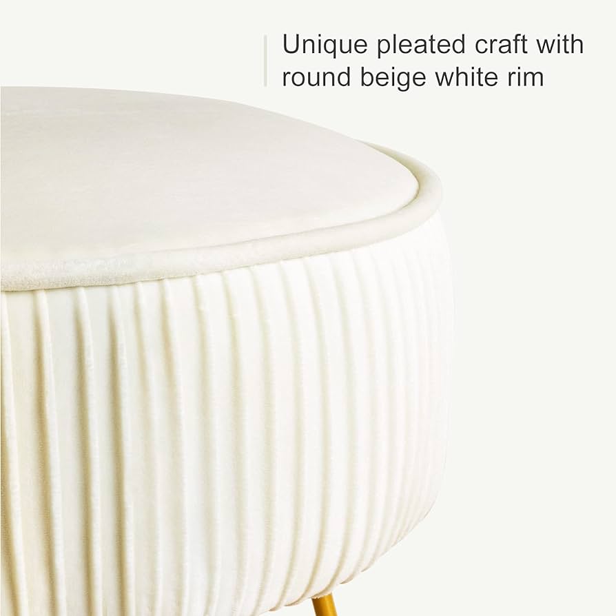Pleated Vanity Stool, Velvet Upholstered Vanity Stool for Makeup Room, Round Mondern Stool for Vanity, Ottoman Footrest Stool with Metal Legs for Living Room, Bedroom, Beige