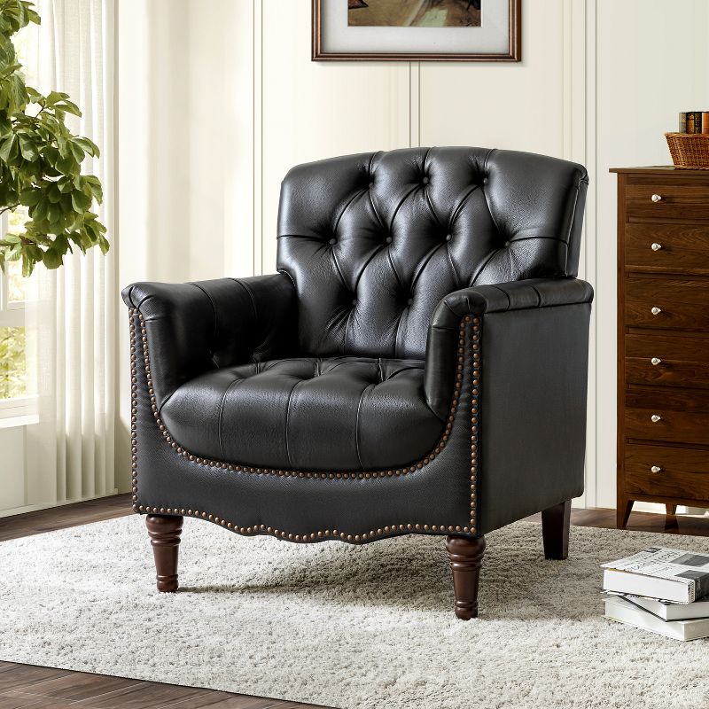 Mid-Century Black Faux Leather Button Tufted Accent Arm Chair with Wood Legs (Set of 1)