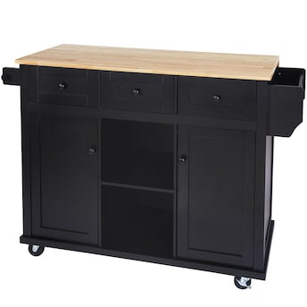 Black Rubber wood Drop-Leaf Counter top 53 in. Kitchen Island on Wheels with Storage Cabinet and 3 Drawers